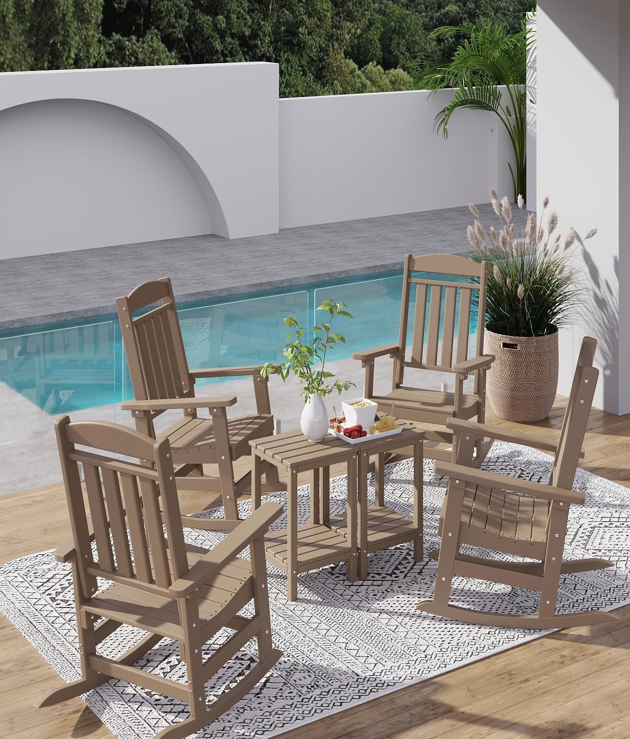 FOOWIN Outdoor Rocking Chair Set of 2, High Back Patio Rocking Chair, HDPE All Weather Resistant Porch Rocker for Adult, Oversized Rocking Chairs for Garden, Lawn, Indoor & Outdoor Use, Brown