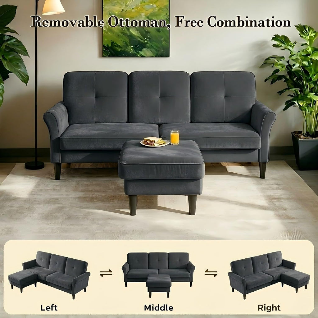 Welzona Sofas for Living Room, 83' Velvet Sectional Couch with Moveable Ottoman, Midcentury Modern Small Sectional Couch, L Shape Sofa & 3 Seater, Couches for Living Room, Apartment, Bedroom, Grey