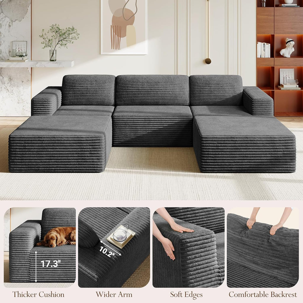 Vesgantti 119' Oversized U-Shaped Modular Sectional Sofa, Corduroy Cloud Couch with Deep Seating & Spring Support, Convertible Sofa with 2 Ottomans, Boneless Couch, No Assembly Required, Grey