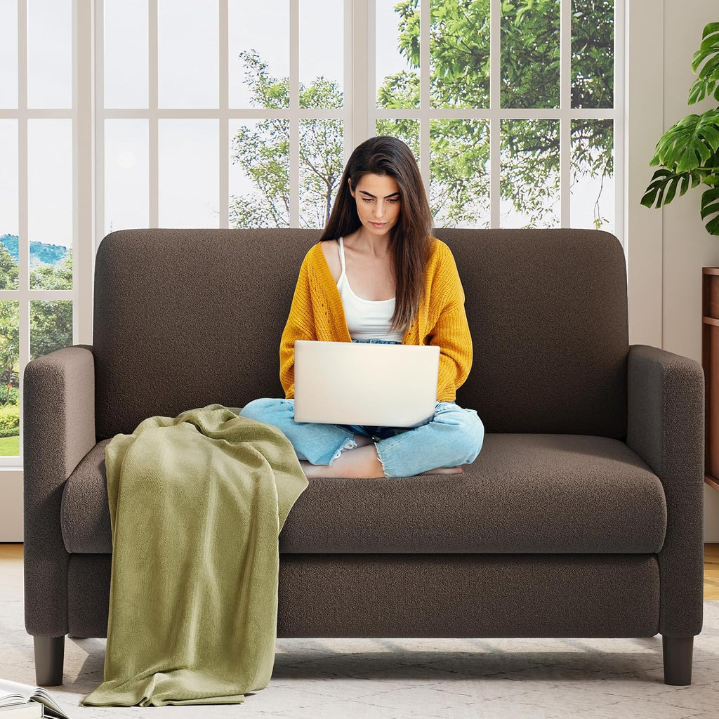 Welzona Loveseat, 51' Small Couch, Comfy Teddy Love Seat for Living Room, Tool-Free Setup Loveseat Sofa for Small Spaces, All-Wood Small Sofa Couch for Bedroom, Brown