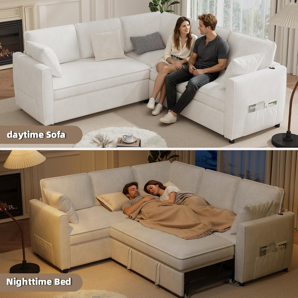 EROMMY 87' Sectional Sofa Couch with Pull Out Bed, 5 Seat L Shaped Pull Out Couch Bed with USB Ports, Velvet Modular Sleeper Sofa Bed with 2 Throw Pillows, Large Sectional Couches for Living Room