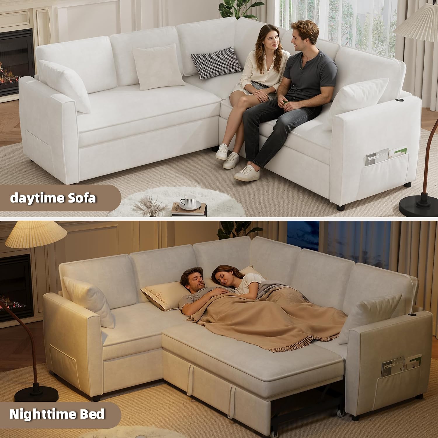 EROMMY 87' Sectional Sofa Couch with Pull Out Bed, 5 Seat L Shaped Pull Out Couch Bed with USB Ports, Velvet Modular Sleeper Sofa Bed with 2 Throw Pillows, Large Sectional Couches for Living Room