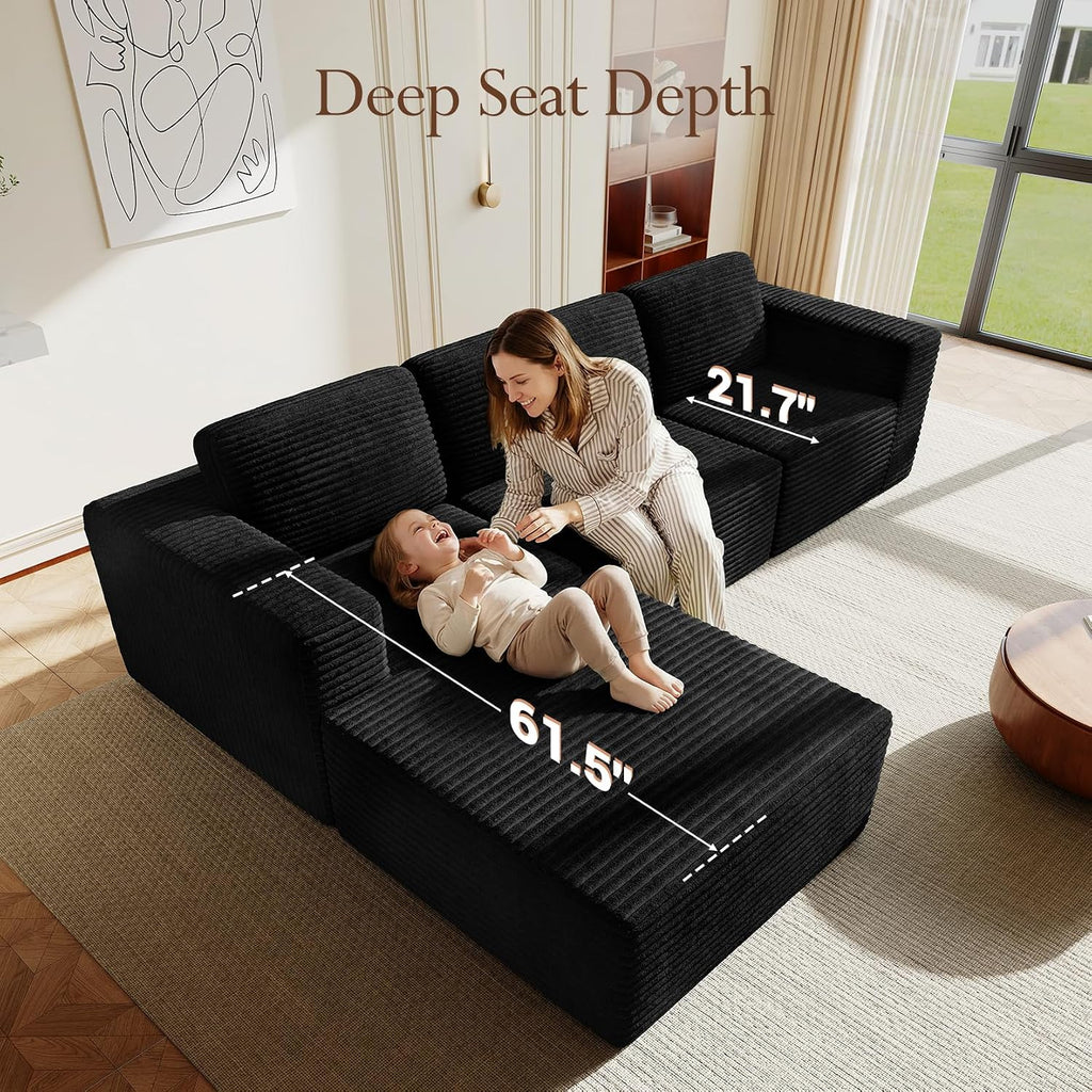 Vesgantti 119' L-Shaped Modular Sectional Sofa, Corduroy Cloud Couch with Deep Seating & Spring Support, Flexible Layout Sofa with Ottoman, Boneless Style, No Assembly Required, Black