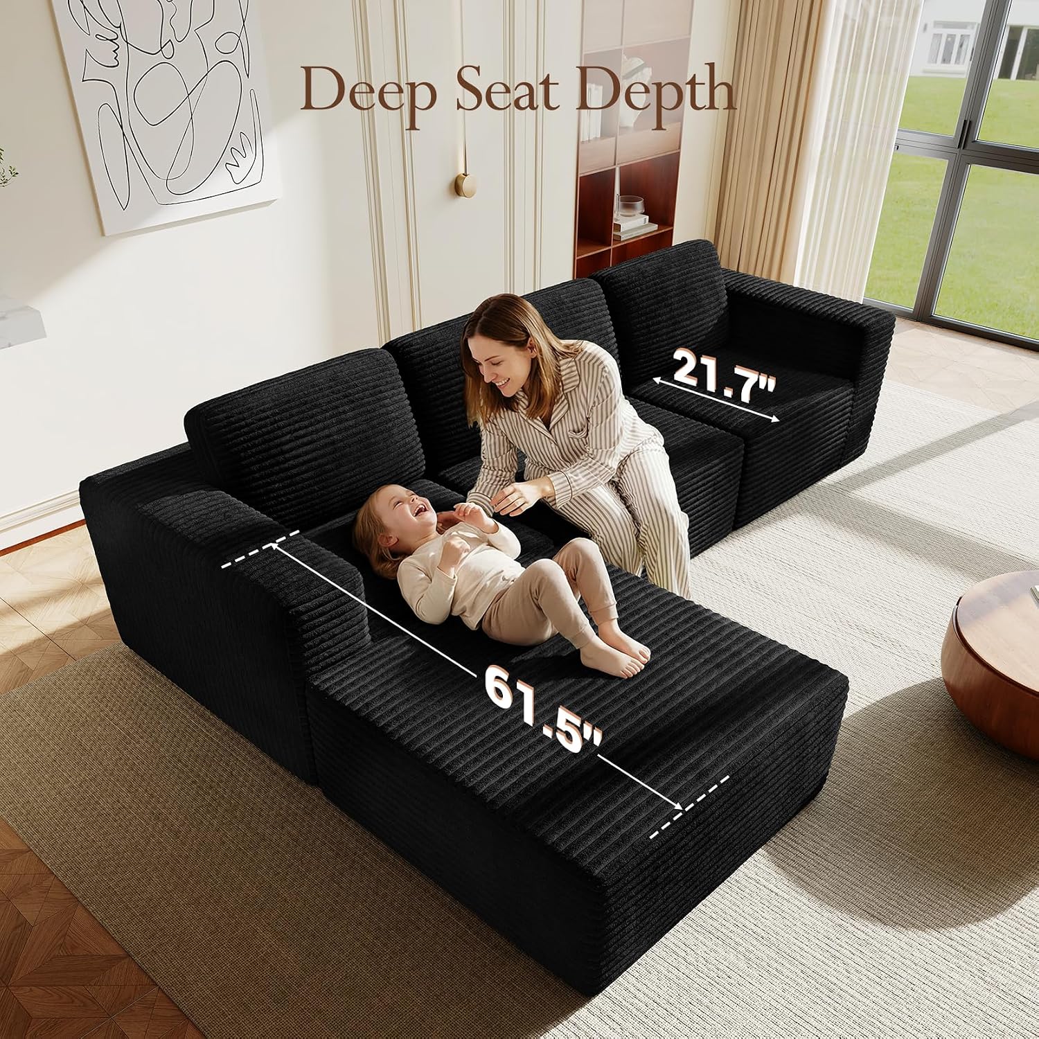 Vesgantti 119' L-Shaped Modular Sectional Sofa, Corduroy Cloud Couch with Deep Seating & Spring Support, Flexible Layout Sofa with Ottoman, Boneless Style, No Assembly Required, Black