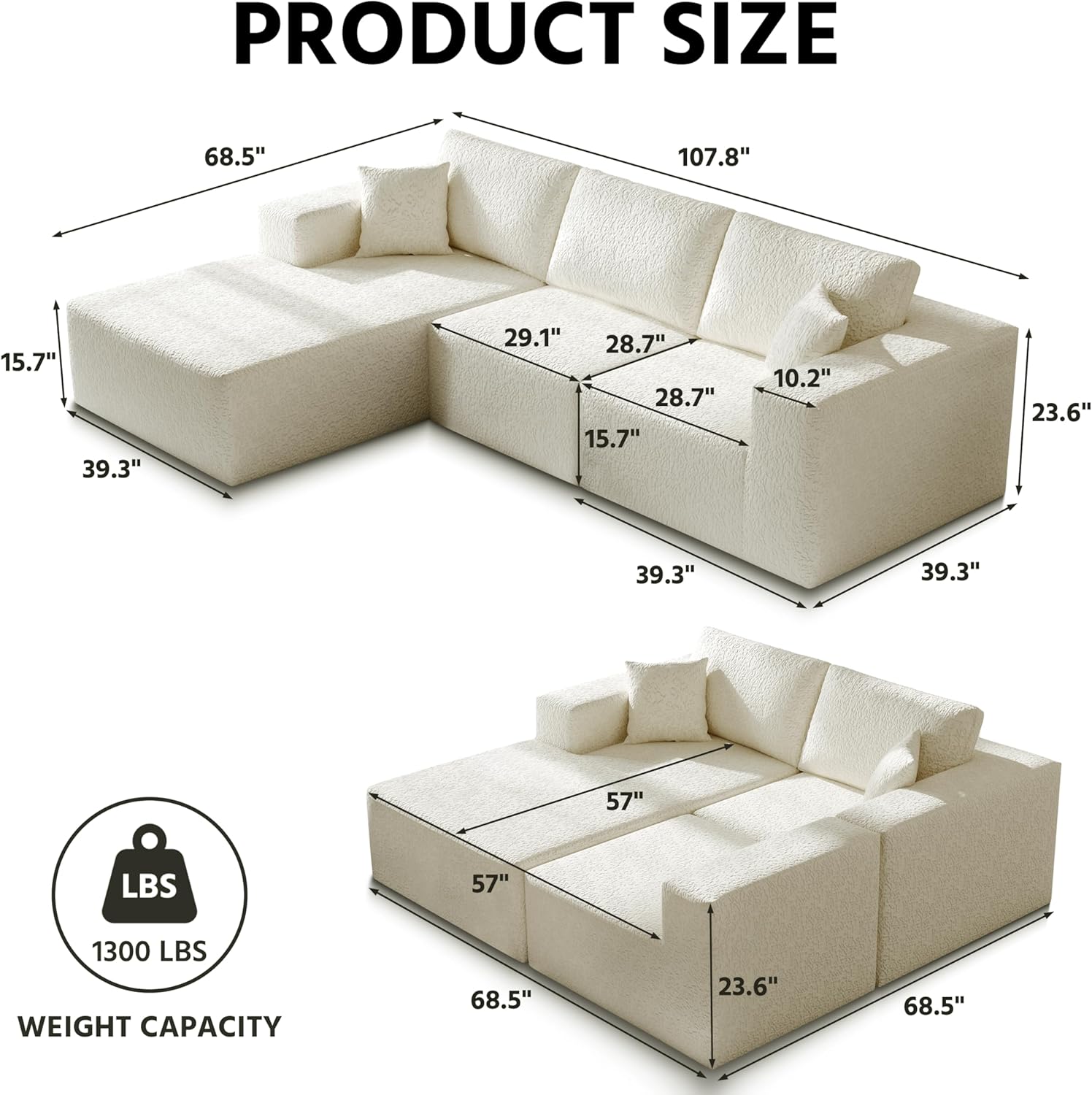 108' Cloud Modular Sectional Couch with L-Shape Chaise, Modern Sectional Sofa with Deep Seat Couch, Ultra Soft Knit Fabric Couches for Living Room, No Assembly Required, Left Facing Chaise (Beige)