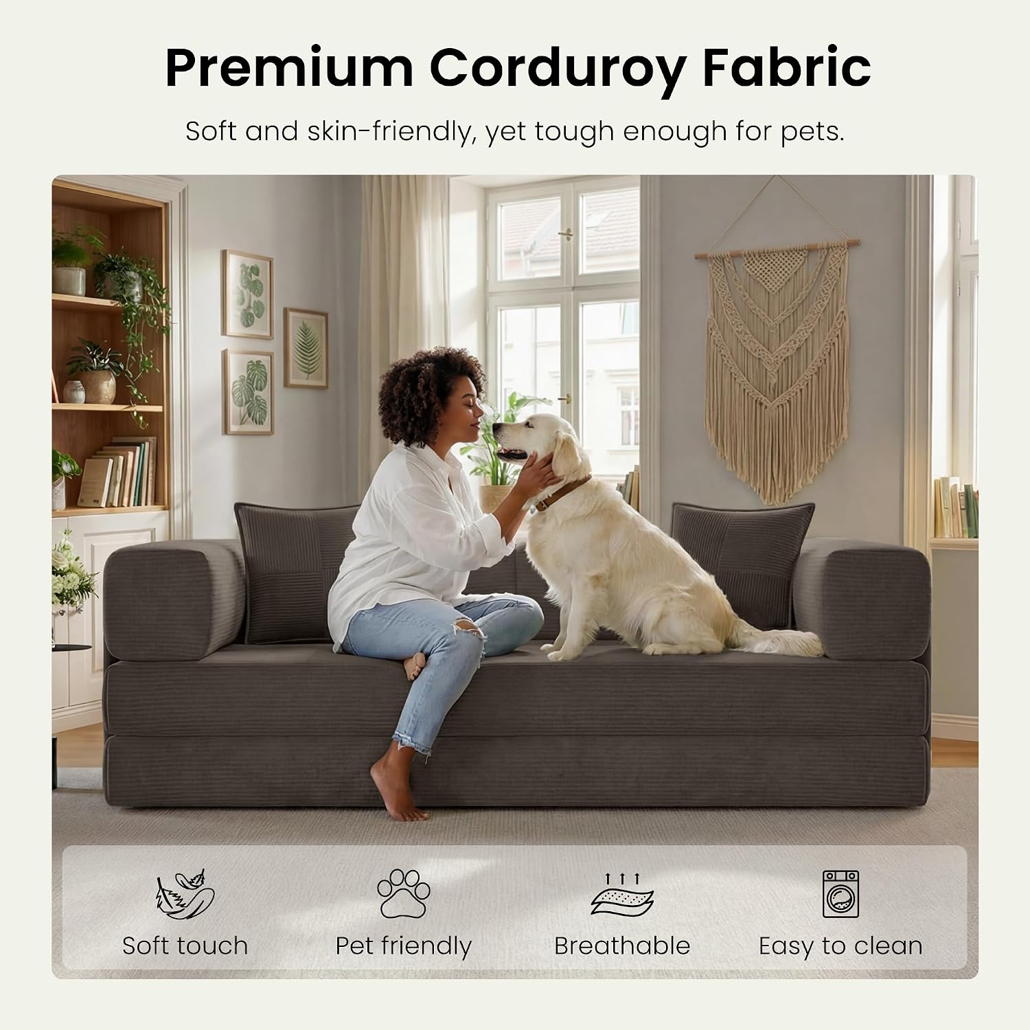 78.8' Convertible Futon Sofa Bed,Corduroy Futon Couch with Storage Pocket,Folding Pull Out Sofa,No Assembly Boneless Couch for Living Room,Brown