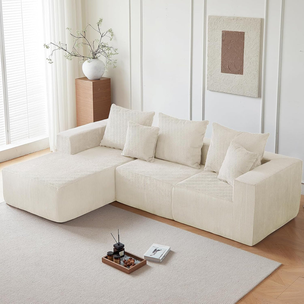 101' Cloud Couch for Bedroom,Boneless Couch with Oversized Chaise,4-Seat Chenille Deep Seat Sofa with 5-Pillows for Living Room,Corduroy Sofa in A Box,Beige