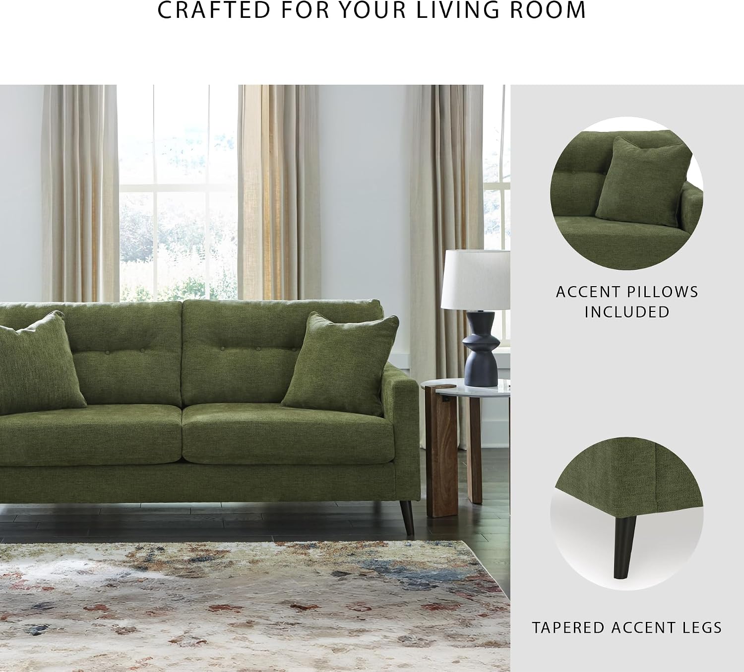 Signature Design by Ashley Bixler Sofa, Mid-Century Modern Sofa with Button-Tufted Back, Durable Foam Cushions, Platform Foundation Support, Polyester Blend Upholstery, Olive