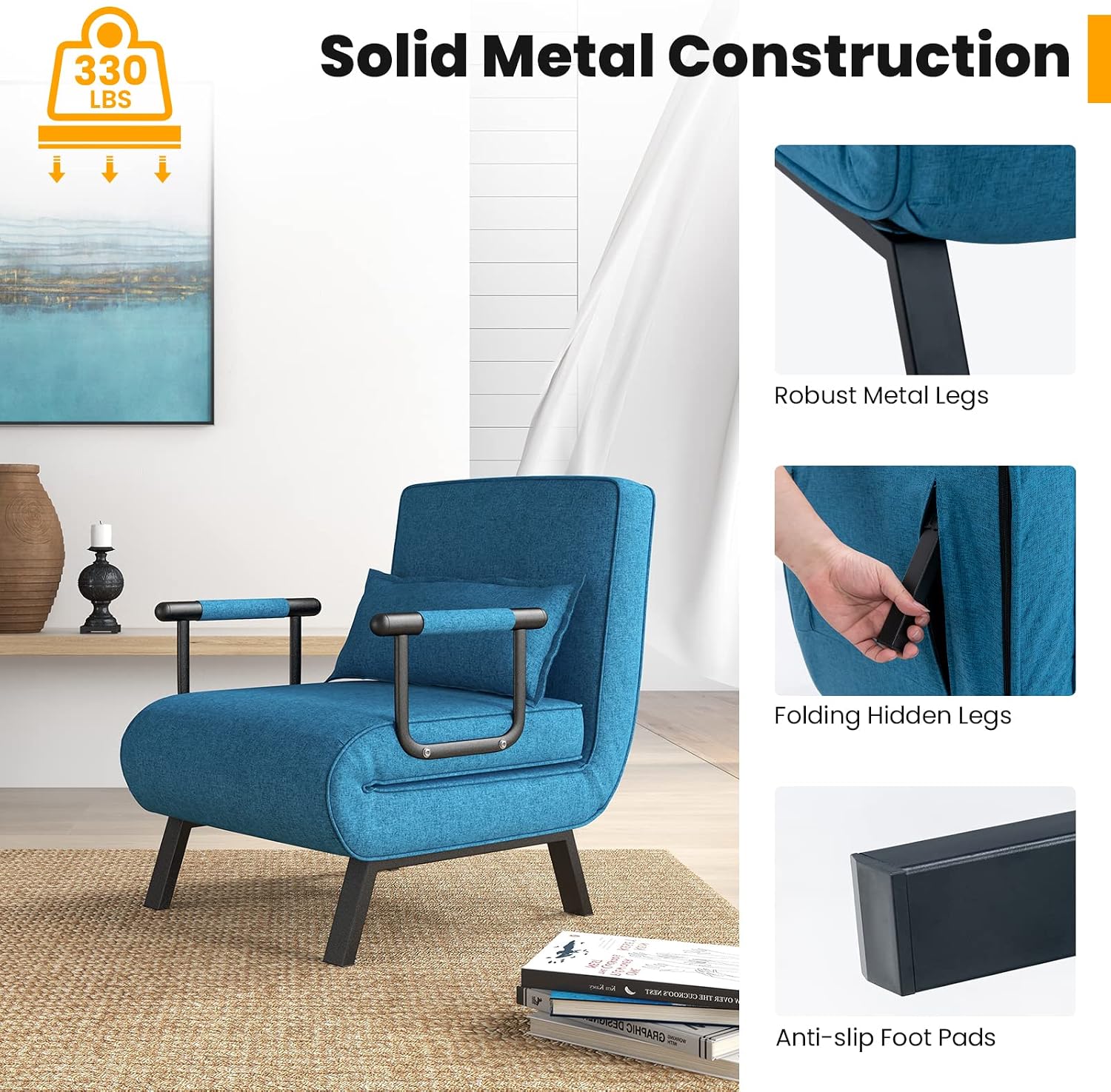 Giantex Convertible Sofa Bed, 4-in-1 Folding Sleeper Chair w/Pillow, Modern Recliner Guest Bed with 6 Positions Adjustable Backrest, Metal Legs, Linen Armchairs for Nursery Living Room Office (Blue)