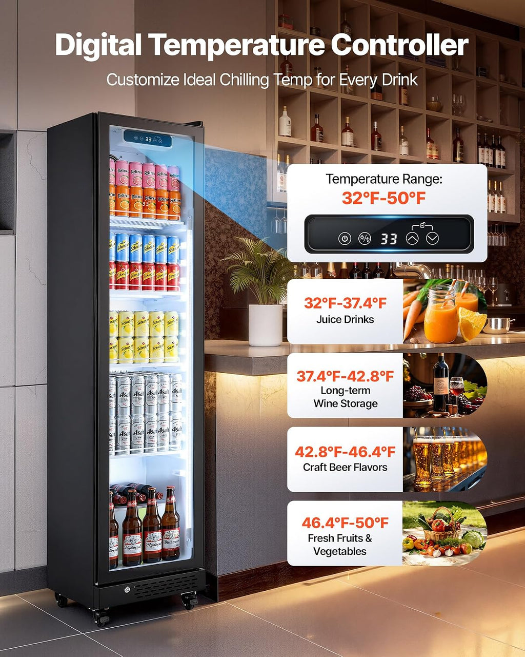 VEVOR Commercial Merchandiser Refrigerator, 8.3 Cu.Ft / 235 L Glass Door Display Refrigerator, Upright Beverage Cooler Fridge with 5 Adjustable Shelves, Soft LED Light & Casters for Homes Shops Bars