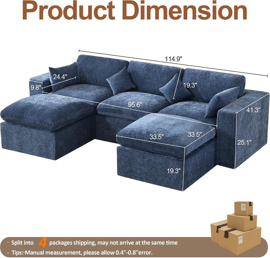 115'' Cloud Boneless Sectional Couch, Modular Sectional Sofa Deep Seat with 2 Ottomans, Oversized Upholstered Convertible Comfy 5 Seater Chenille Sofa U Shape Couches for Living Room, Blue