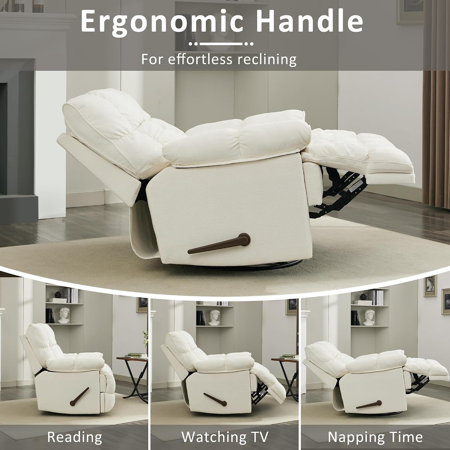 Oversized Recliner Chair, Overstuffed Swivel Rocker with Extra Wide Seat & Breathable Fabric for Living Room (Manual, White)