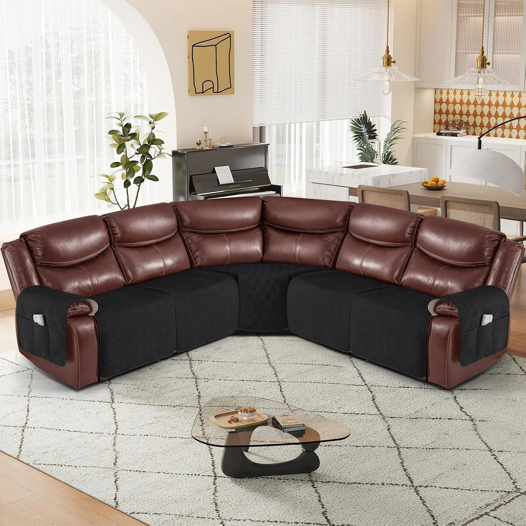 KinCam Waterproof Recliner Sectional Couch Covers, Oversized Reclining Sofa Covers for L Shape Couch, Non Slip Couch Cover for Sofa Washable Slipcover (5 Seat Recliner Cover, Black)