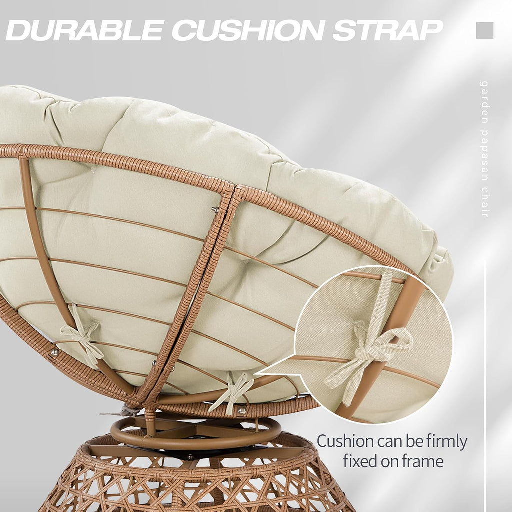 38'' 360 Degree Swivel Wicker Papasan Chair with Cushion and Base - Thickened Rattan Swivel Papasan Chair with Soft Cushion and Durable Frame, Oversized Reading Chair for Living Room, Beige