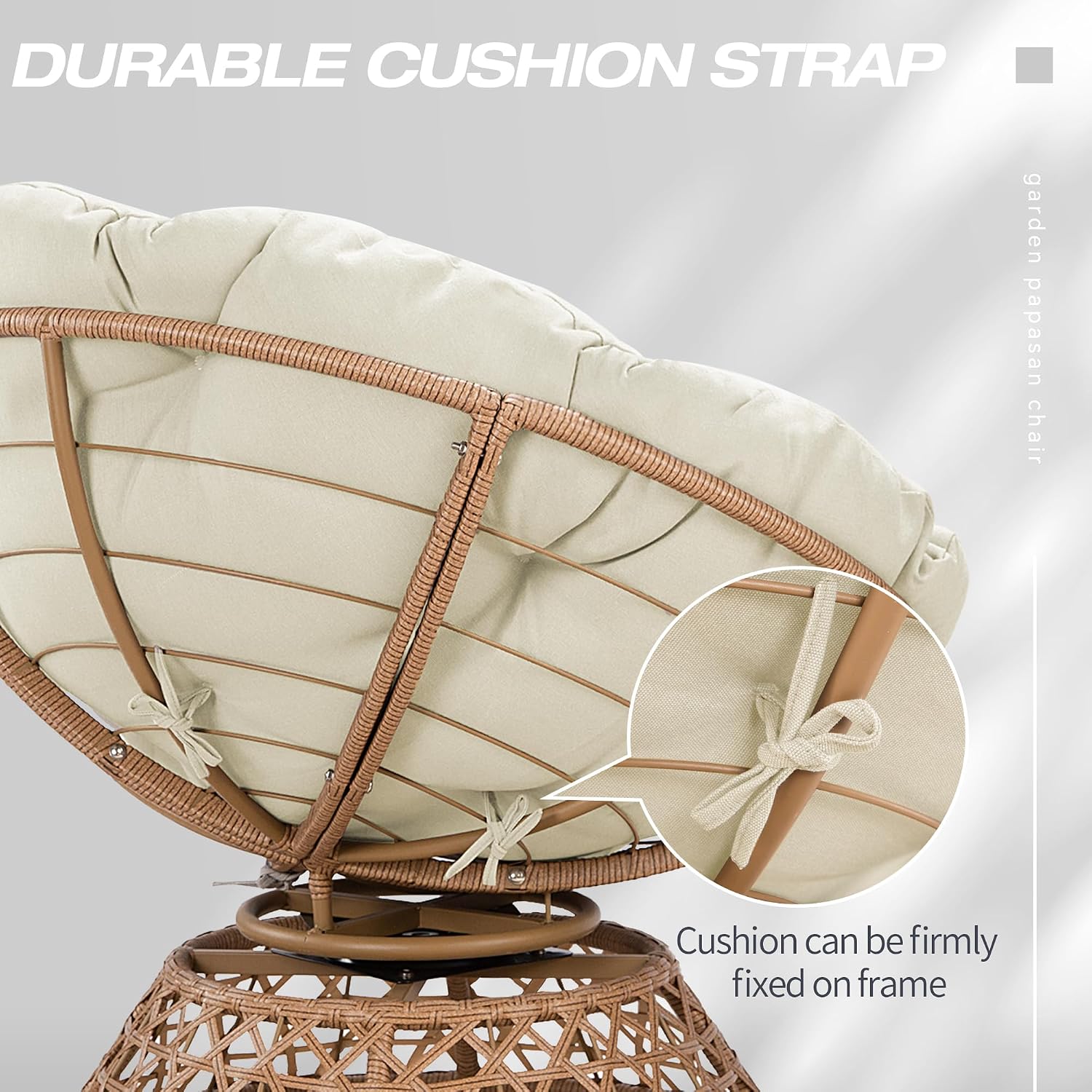 38'' 360 Degree Swivel Wicker Papasan Chair with Cushion and Base - Thickened Rattan Swivel Papasan Chair with Soft Cushion and Durable Frame, Oversized Reading Chair for Living Room, Beige