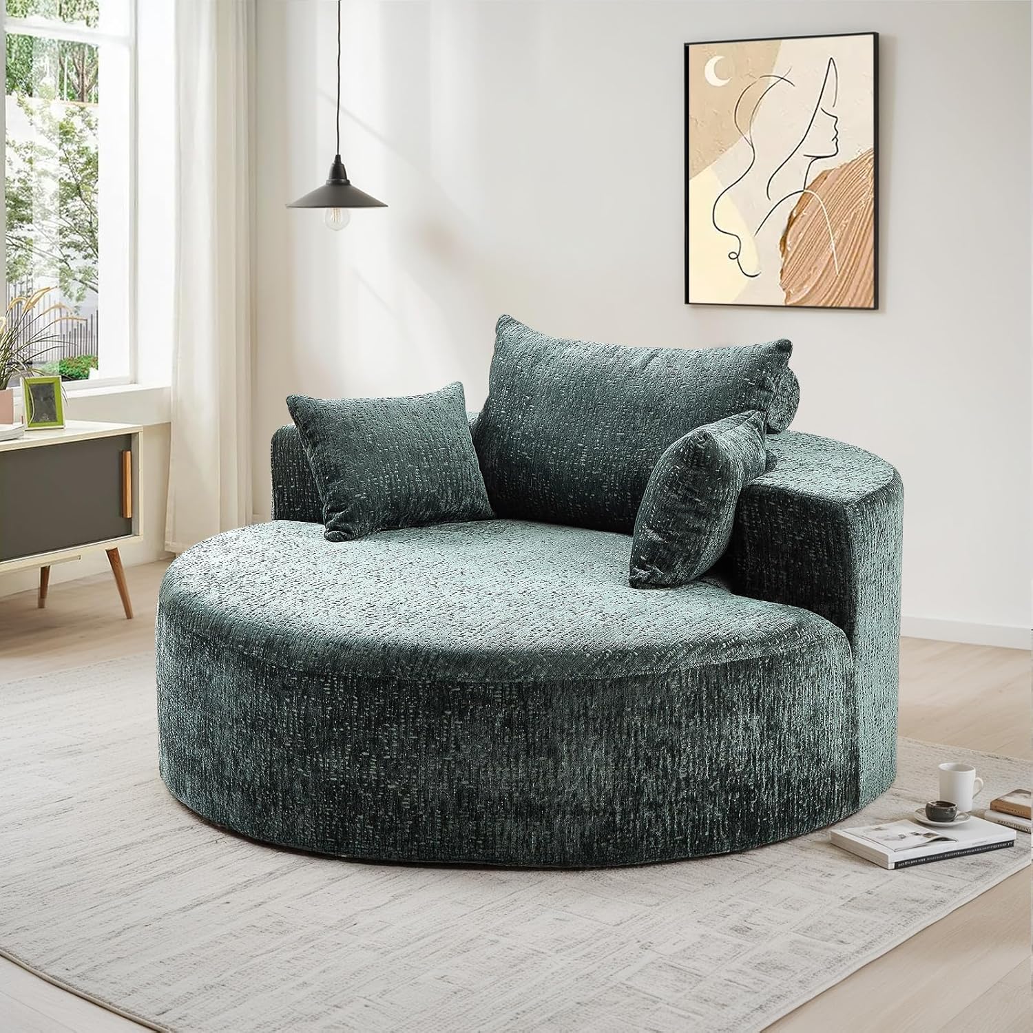 Oversized Round Chaise Longue Chair Indoor, Modern 55-inch Upholstered Chenille Deep Seat Circle Single Cloud Lounge Floor Sofa Chair for Living Room, Bedroom Apartment, Green