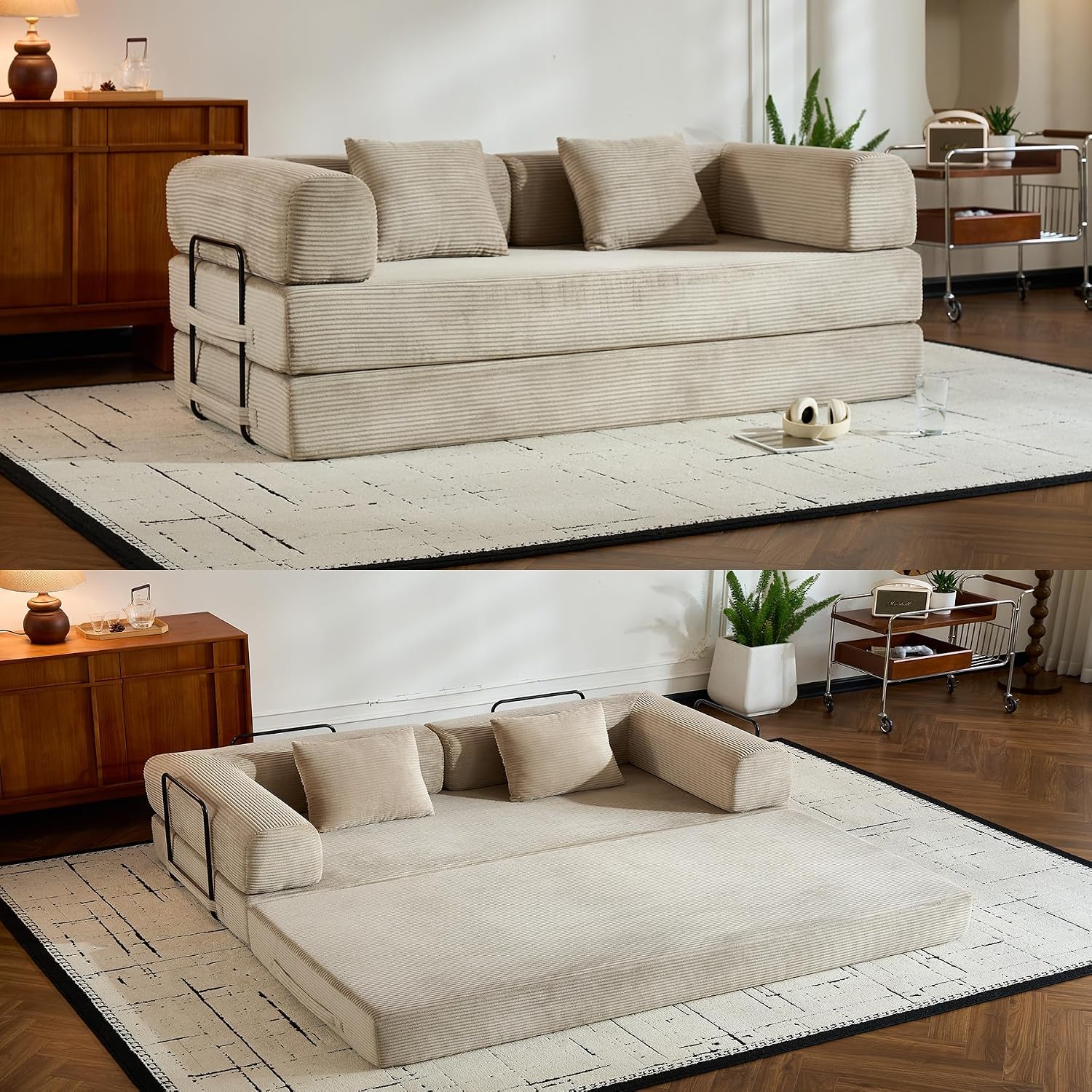 ZEIINPA Corduroy Floor Sofa Bed, Convertible Folding Couch Bed with Fixed-Shape Frame and Armrest for Living Room Bedroom Lounge Studio-Beige