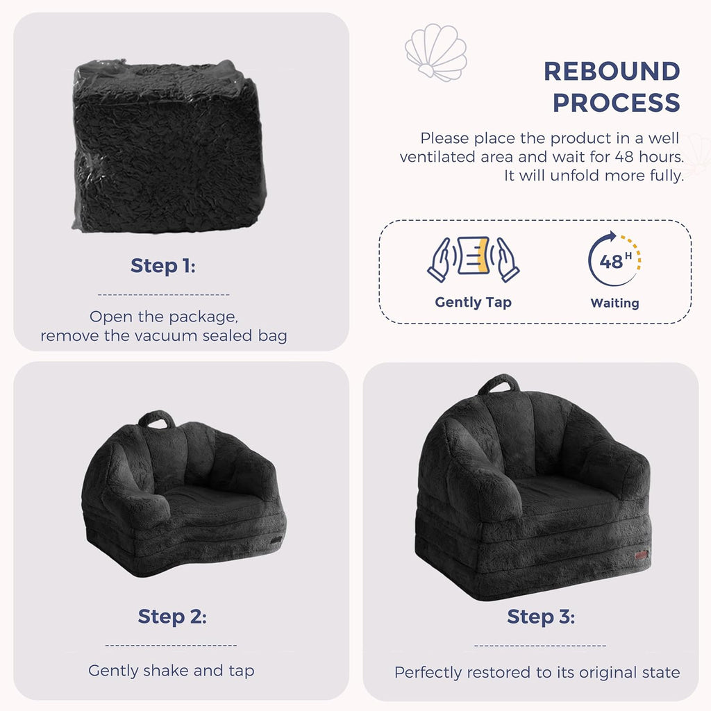 MAXYOYO Folding Sofa Bed, 2 in 1 Convertible Sofa to Lounger Comfy Single Bean Bag Chair for Adults, Floor Sleeper Couch with Handle, Faux Fur Couch Bed for Living Room Bedroom, Black