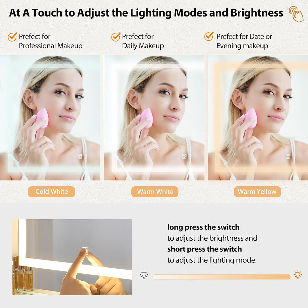 ANWBROAD Vanity Desk Table with Lighted Mirror 39.4' Girls Makeup Vanity with Power Outlet 3 Colors Lighting Adjustable Brightness Vanity Table for Women Bedroom Dressing Room White UBDT65W