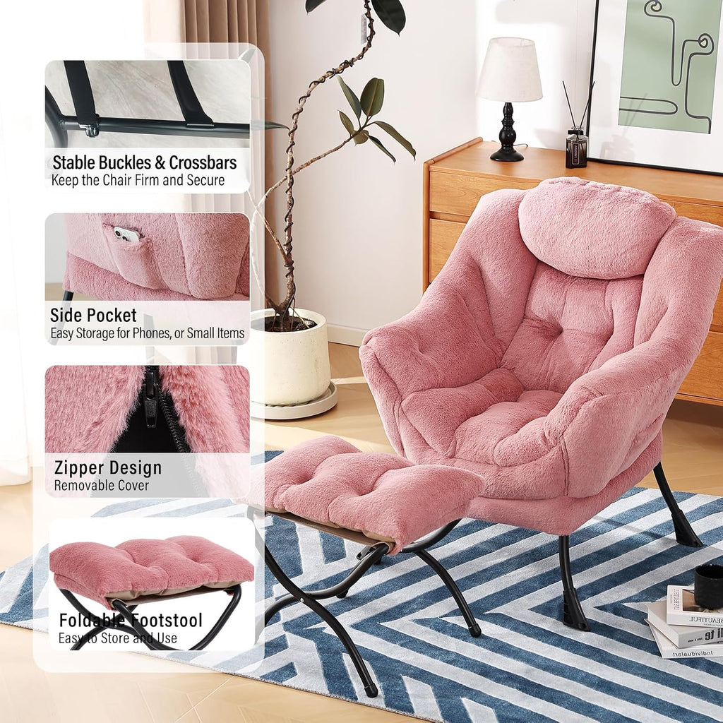 Furlide Lazy Chair with Ottoman, Modern Accent Chair with Armrests and a Side Pocket, Plush Dark Pink Accent Chairs, Reading Chairs, Oversized Armchairs for Bedroom, Study, Living Room, Courtyard