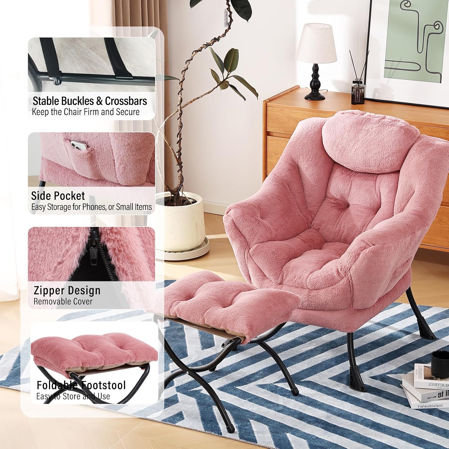 Furlide Lazy Chair with Ottoman, Modern Accent Chair with Armrests and a Side Pocket, Plush Dark Pink Accent Chairs, Reading Chairs, Oversized Armchairs for Bedroom, Study, Living Room, Courtyard