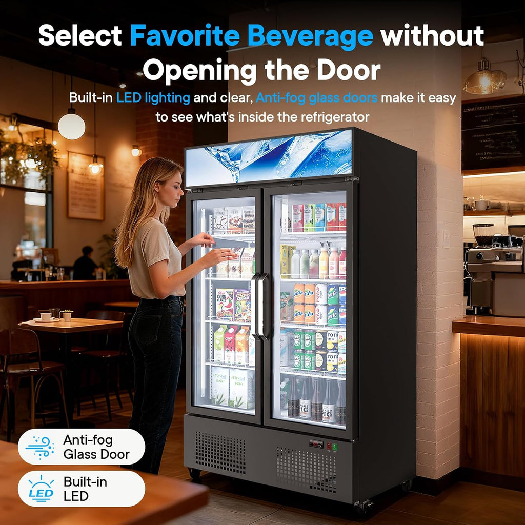 35 Cuft ETL & DOE Certified Commercial Merchandiser Refrigerators 2 Doors,Upright Display Retail Fridge Cooler with Adjustable Shelves,Built-in LED Light,Lightbox,Lockable Doors,Black,Kfreshzldm