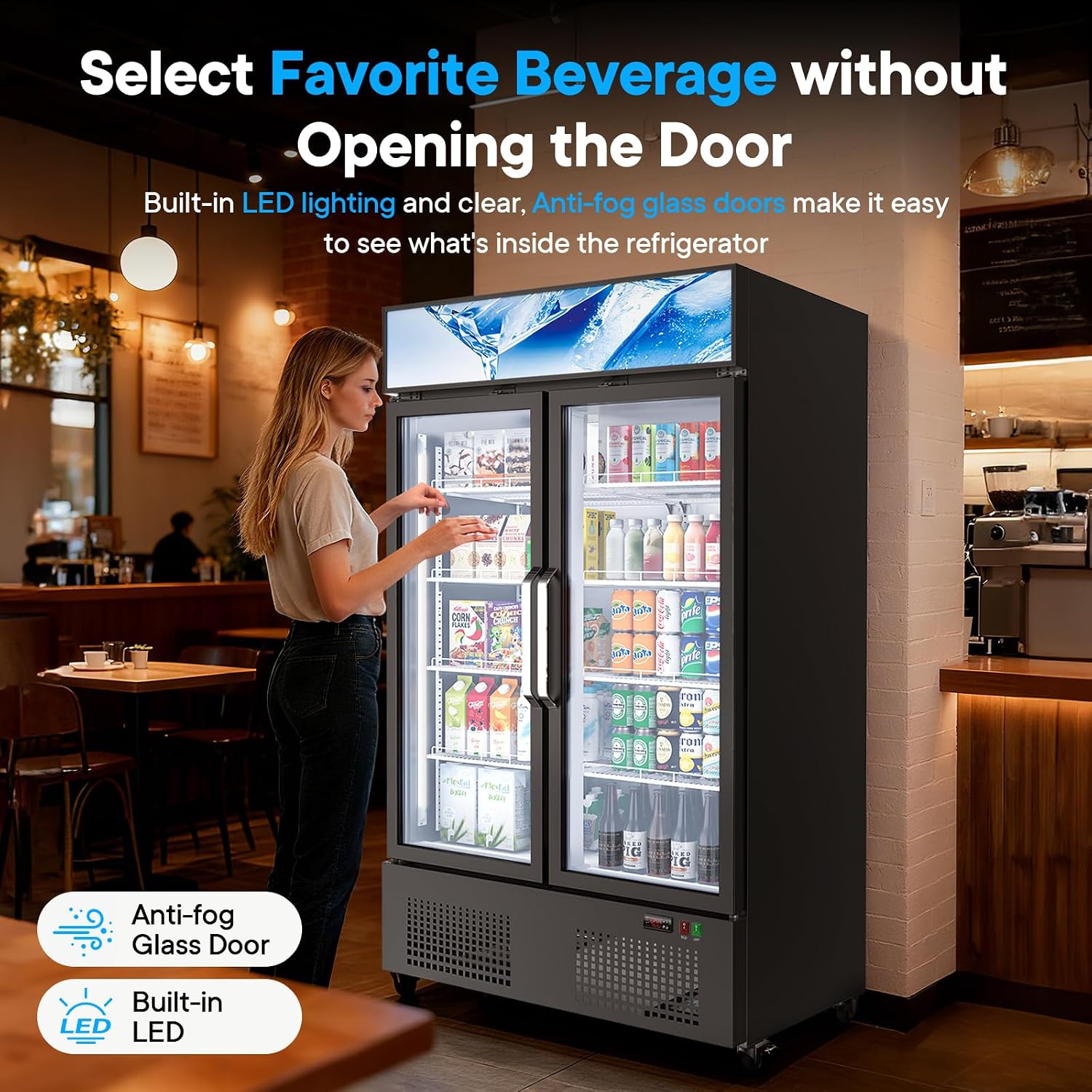 35 Cuft ETL & DOE Certified Commercial Merchandiser Refrigerators 2 Doors,Upright Display Retail Fridge Cooler with Adjustable Shelves,Built-in LED Light,Lightbox,Lockable Doors,Black,Kfreshzldm