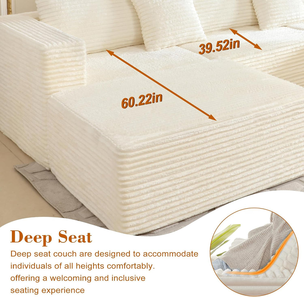 110 Corduroy Boneless Couch for Living Room with 2 Ottomans, Convertible Modular Cloud Sofa with Deep Seats, Ergonomic Memory Foam U Shaped Sectional Couch, No Assembly Required (Beige)