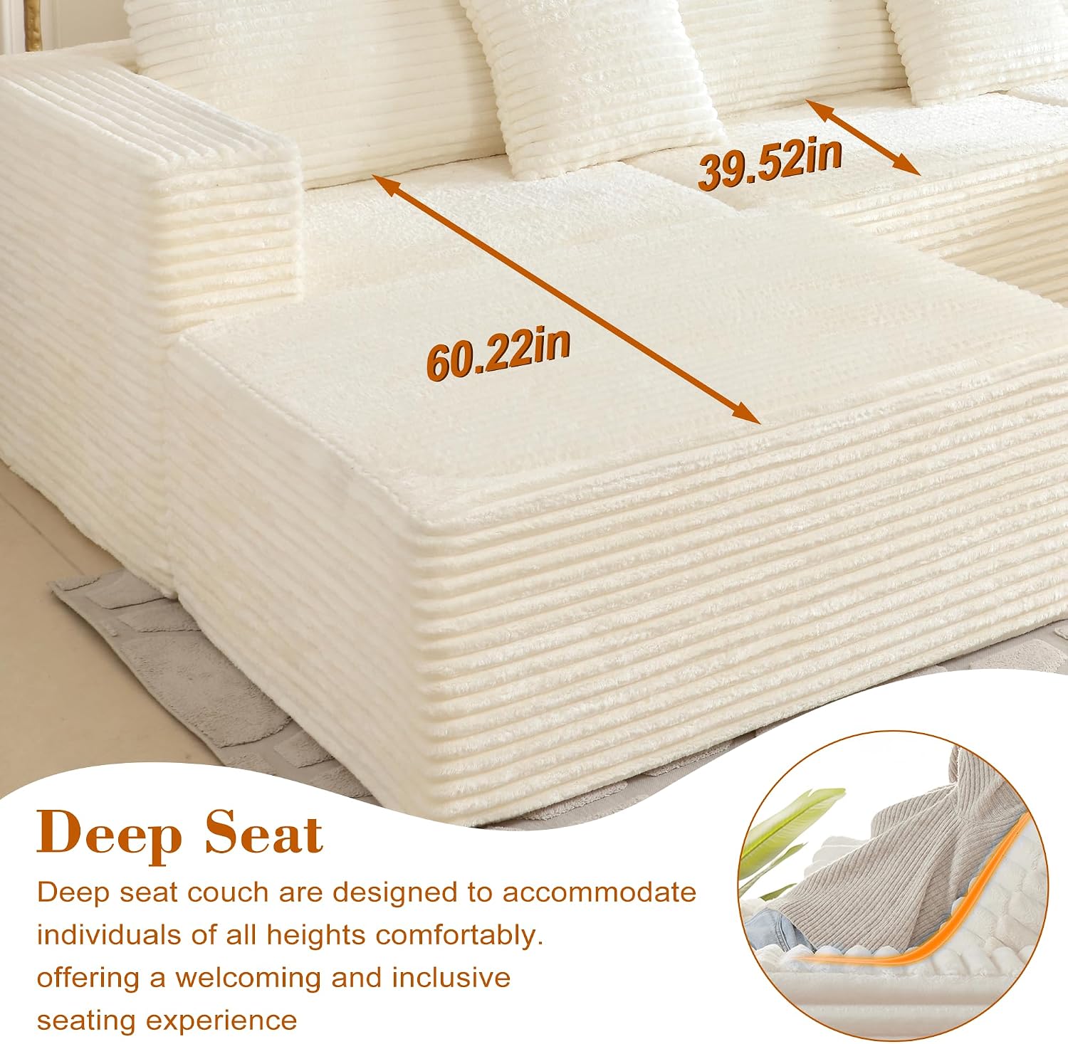 110 Corduroy Boneless Couch for Living Room with 2 Ottomans, Convertible Modular Cloud Sofa with Deep Seats, Ergonomic Memory Foam U Shaped Sectional Couch, No Assembly Required (Beige)
