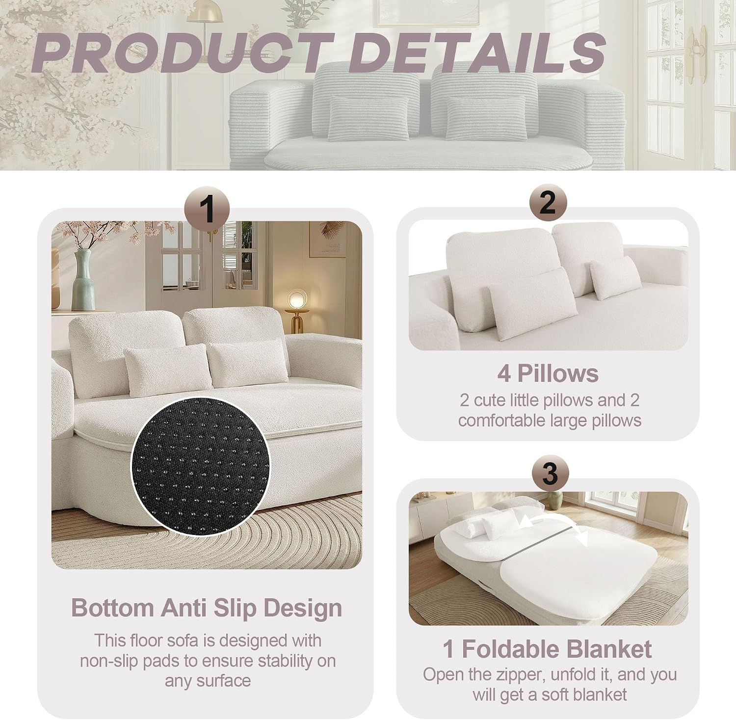 75'' Folding Sleeper Sofa Bed, Convertible Memory Foam Boneless Couch, Foldable Full Size Guest Bed, Modern 2-in-1 Futon Floor Sleeper Sofa with 4 Pillows and Blanket (Teddy, Beige2)