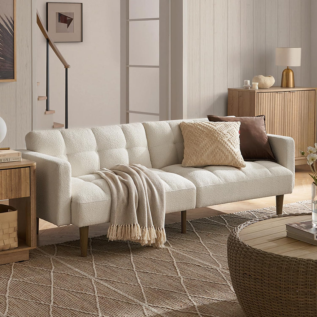 mopio 76.4' Futon Sofa Bed, Couch, Loveseat, Sleeper Sofa, Mid Century Modern Futon Couch, Sofa Cama, Couches for Living Room (Aaron, Pearl White Boucle)