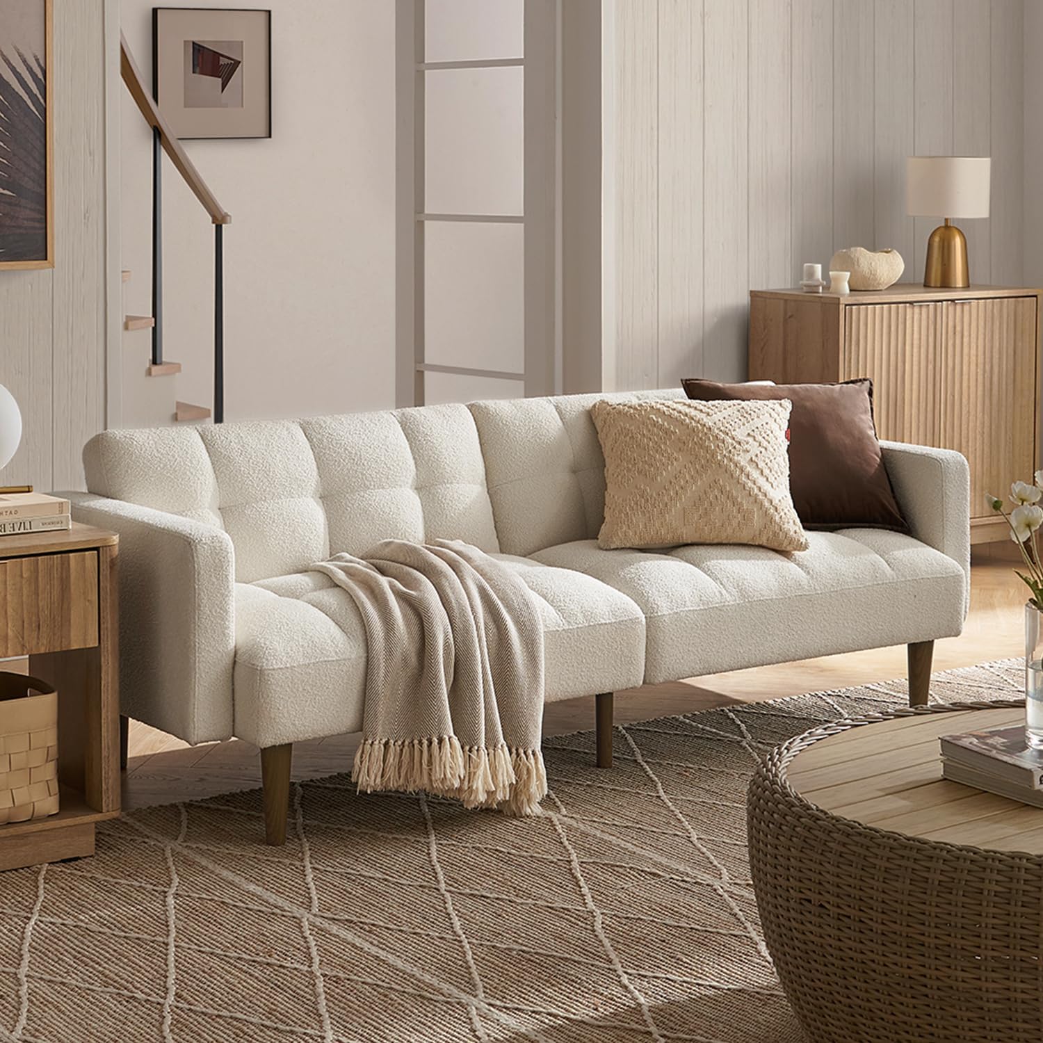 mopio 76.4' Futon Sofa Bed, Couch, Loveseat, Sleeper Sofa, Mid Century Modern Futon Couch, Sofa Cama, Couches for Living Room (Aaron, Pearl White Boucle)