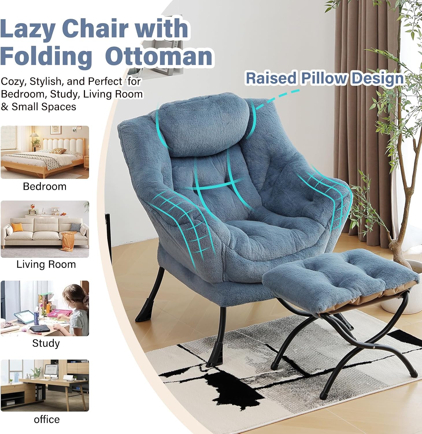 Furlide Lazy Chair with Ottoman, Modern Accent Chair with Armrests and a Side Pocket, Plush Light Blue Accent Chairs, Reading Chairs, Oversized Armchairs for Bedroom, Study, Living Room, Courtyard