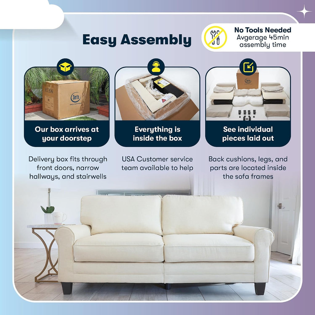 Serta Copenhagen Small Loveseat Sofa, 61 Inch Couch with Rolled Arms, Pocket Coil Seat Cushions, Removable Covers, Easy Care Polyester Upholstery for Living Room, Bedroom or Office, Buttercream