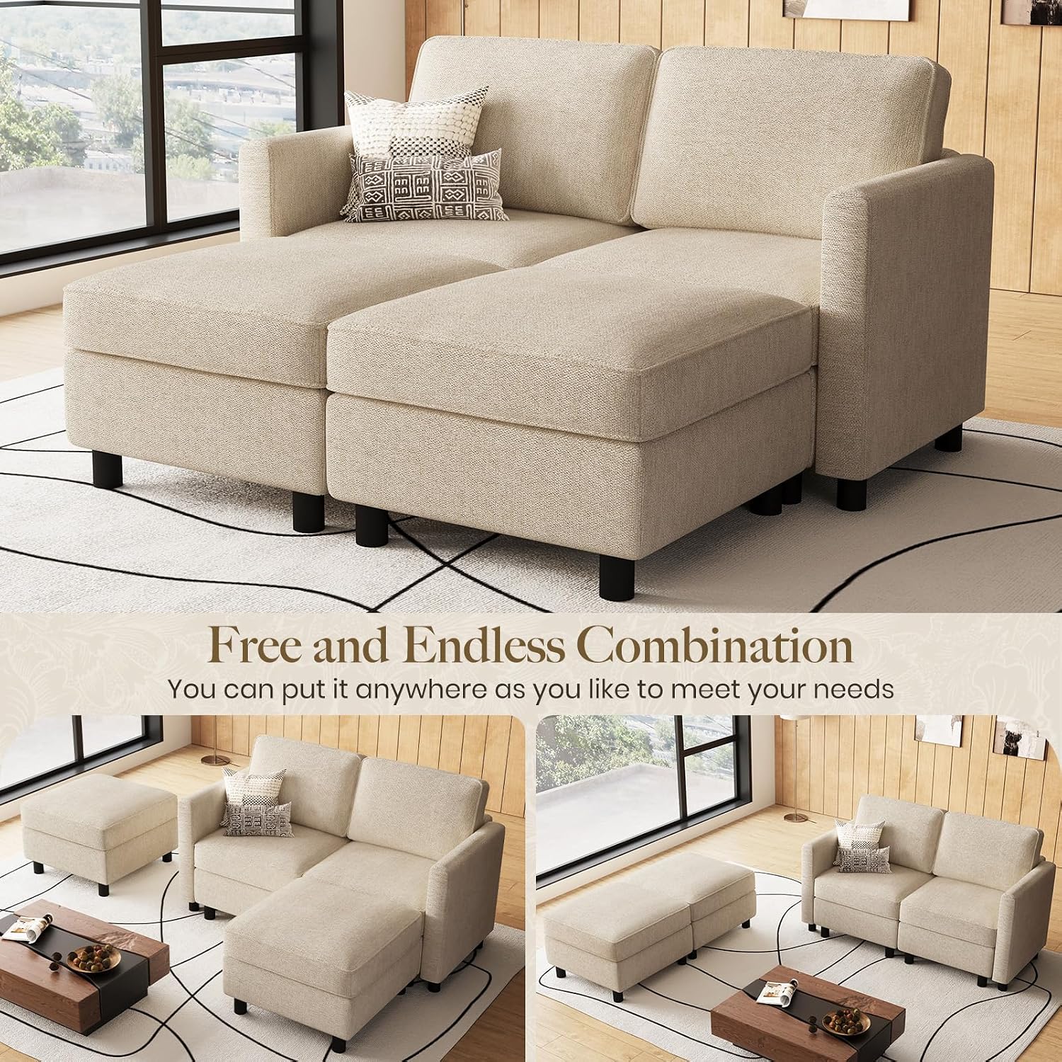 Belffin 58.3' Modular Sectional Sofa 4 Seats Sleeper Sofa Washable Sectional Couches for Living Room Comfy Couches with Storage Seat Couch Sofas with Chaise,Beige
