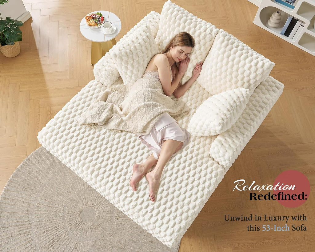 VanAcc 58 Inch Chaise Lounge Indoor, Upholstered Sofa Bed with Throw Pillows and Armrests, Sleeper Bed- Plush Lounge Chair for Living Room, White