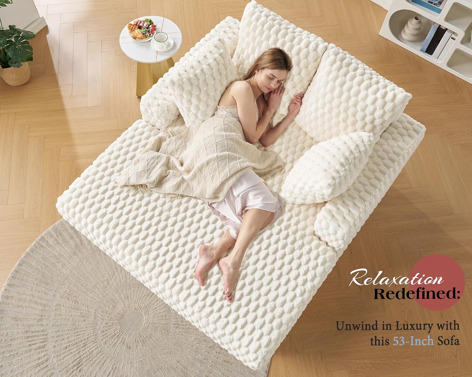 VanAcc 58 Inch Chaise Lounge Indoor, Upholstered Sofa Bed with Throw Pillows and Armrests, Sleeper Bed- Plush Lounge Chair for Living Room, White