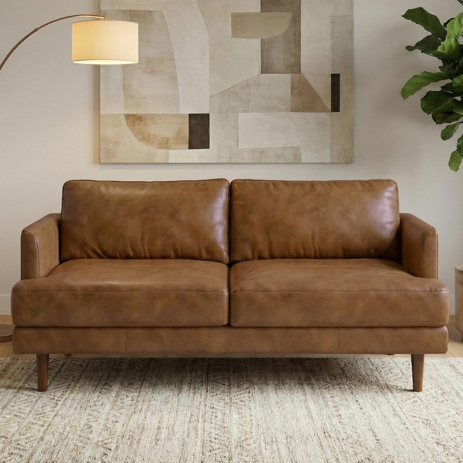 SIMPLIHOME Livingston Sofa - 76' Wide x 33' High Top Grain Genuine Leather Sofa in Caramel Brown, Mid-Century Modern Loveseat with Removable Feather-Wrapped Cushions and Solid Wood Frame