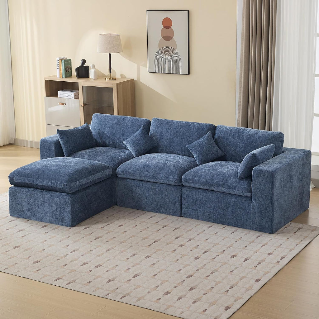 115''Cloud Boneless Sectional Couch, Modular Sectional Sofa Deep Seat with Ottoman, Oversized Upholstered Convertible Comfy 4 Seater Chenille Sofa L Shape Couches for Living Room, Blue