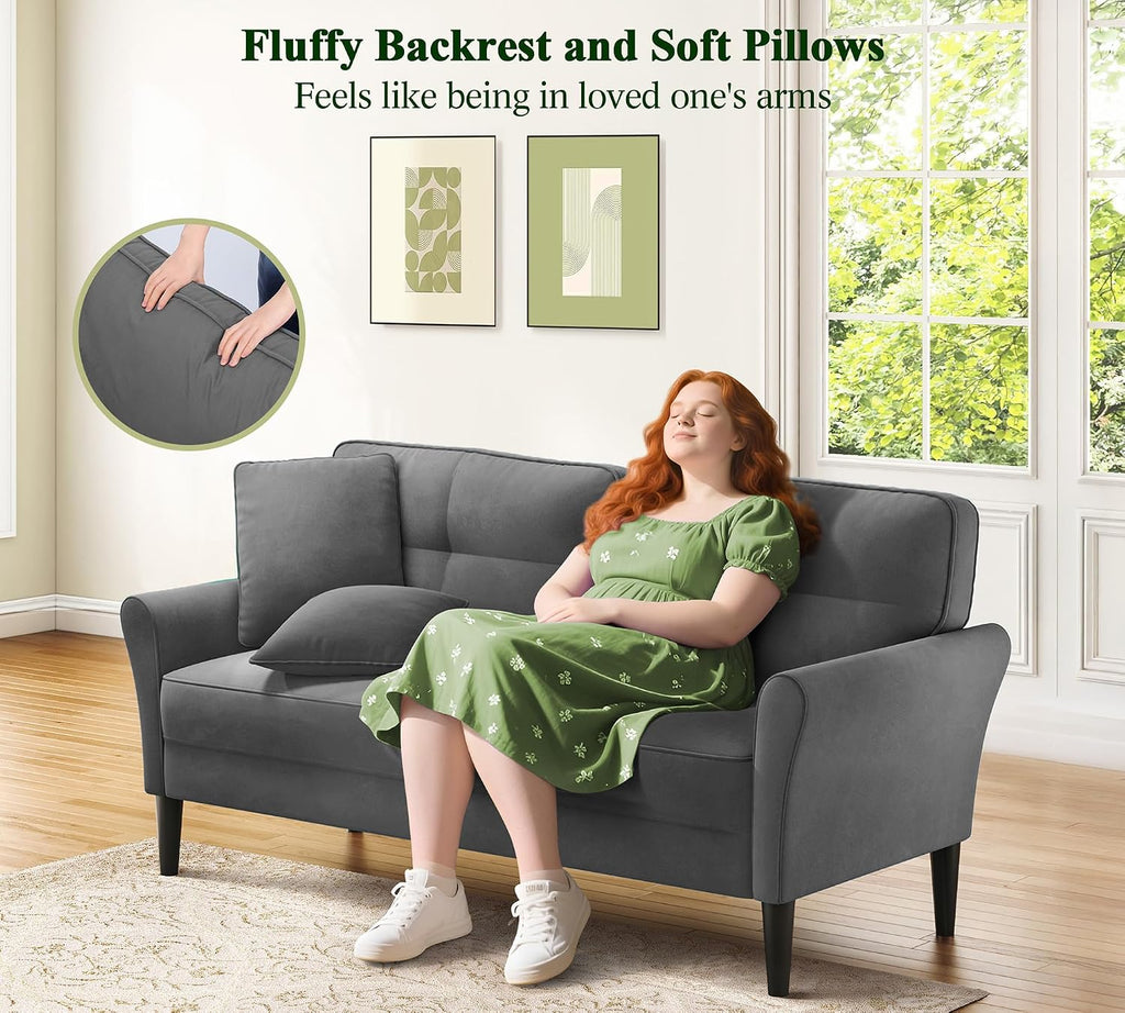 Loveseat Sofa, 69' Love Seat Couches, Comfy Velvet Small Couches for Small Spaces with 2 Pillows, Tool-Free Setup Sofas & Couches, 700lb Load Sofas for Living Room, Mini Couch for Bedroom, Grey Couch
