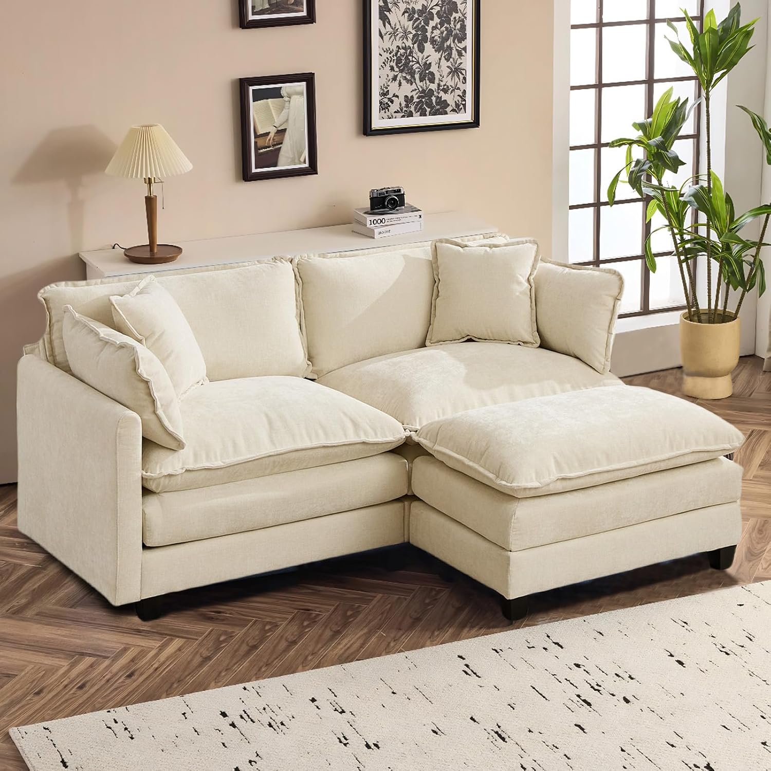 SoarFlash 77.95' Chenille Sectional Sofa, Comfy L Shaped Modular Coush Sofa with Ottoman, Modern 2 Seat Couch Deep Seat Sofa Set for Living Room,Beige