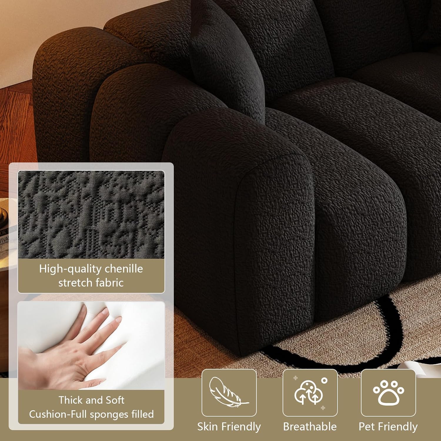 WHGBJA 70' Modern Chenille Fabric Sofa Couch – One-Piece Memory Foam 3-Seater Sofa with Rounded Arms, Soft & Cozy Upholstery for Living Room (Black)
