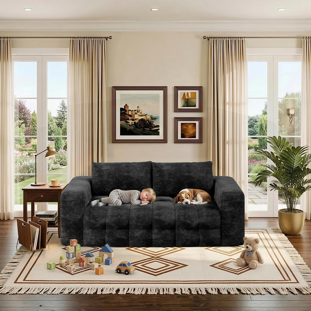 EROMMY 76'' Boneless Couch, 3 Seater Cloud for Living Room, Oversize Loveseat Sofa with Wide Armrest and 2 Back Support, No Assembly Required Chenille Soft Sofa, Black