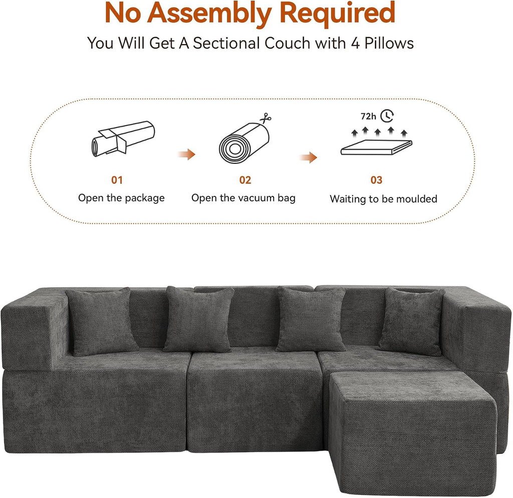 MONVANE 103'' Modular Sectional Sofa, Comfy Chenille Cloud Couch with Ottoman, Modern Convertible L Shaped Couch with Deep Seat, Sectional Couches for Living Room, Bedroom and Apartment, Grey
