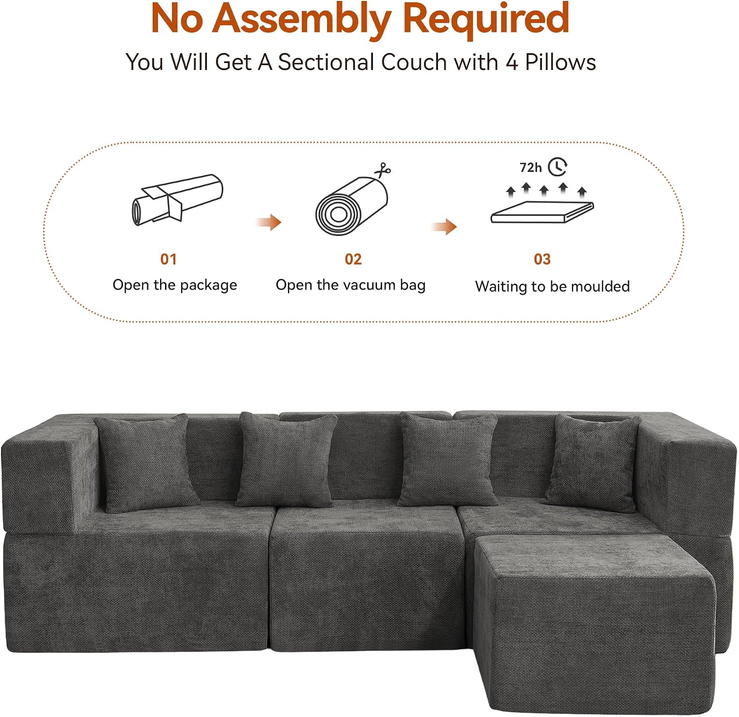 MONVANE 103'' Modular Sectional Sofa, Comfy Chenille Cloud Couch with Ottoman, Modern Convertible L Shaped Couch with Deep Seat, Sectional Couches for Living Room, Bedroom and Apartment, Grey