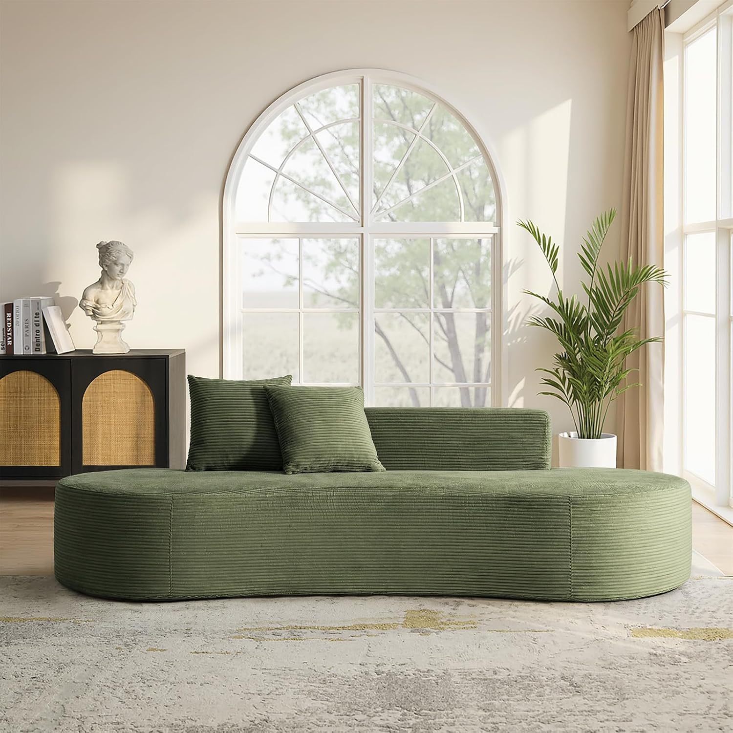 HULALA HOME 94.5' Curved Boneless Couch with Two Pillows, Oversized 3 Seater Compressed Foam Sofa with Deep Seat, Modern Cloud Couch for Living Room, No Assembly Required, Green