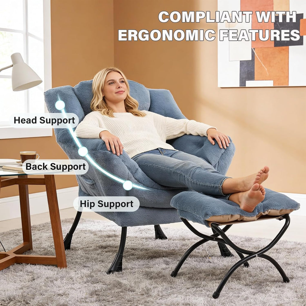 MBOOYOME Lazy Chair with Folding Ottoman, Modern Accent Armchair with Armrests and a Side Pocket & Foldable Footstool, Reading Chair for Living Room, Bedroom & Dorm, Plush Light Blue