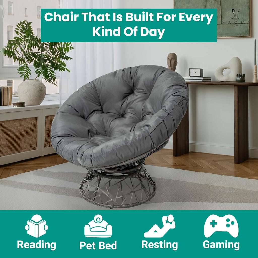 Naomi Home 40' Papasan Chair Indoor with Cushion and Frame – Round Wicker Papasan Chair with Thick Tufted Cushion, Sturdy Metal Base, Large Reading Chair for Bedroom & Living Room, Dark Gray