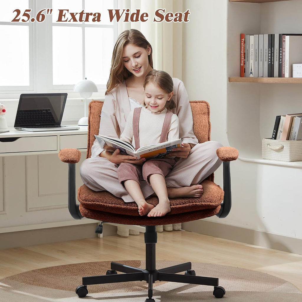 Kassipo Criss Cross Legged Office Chair with Wheels and Flip-Up Arms, Upholstered Criss Cross Desk Chair, Wide Seat Chairs for Home Office, Vanity, Apartment, Orange