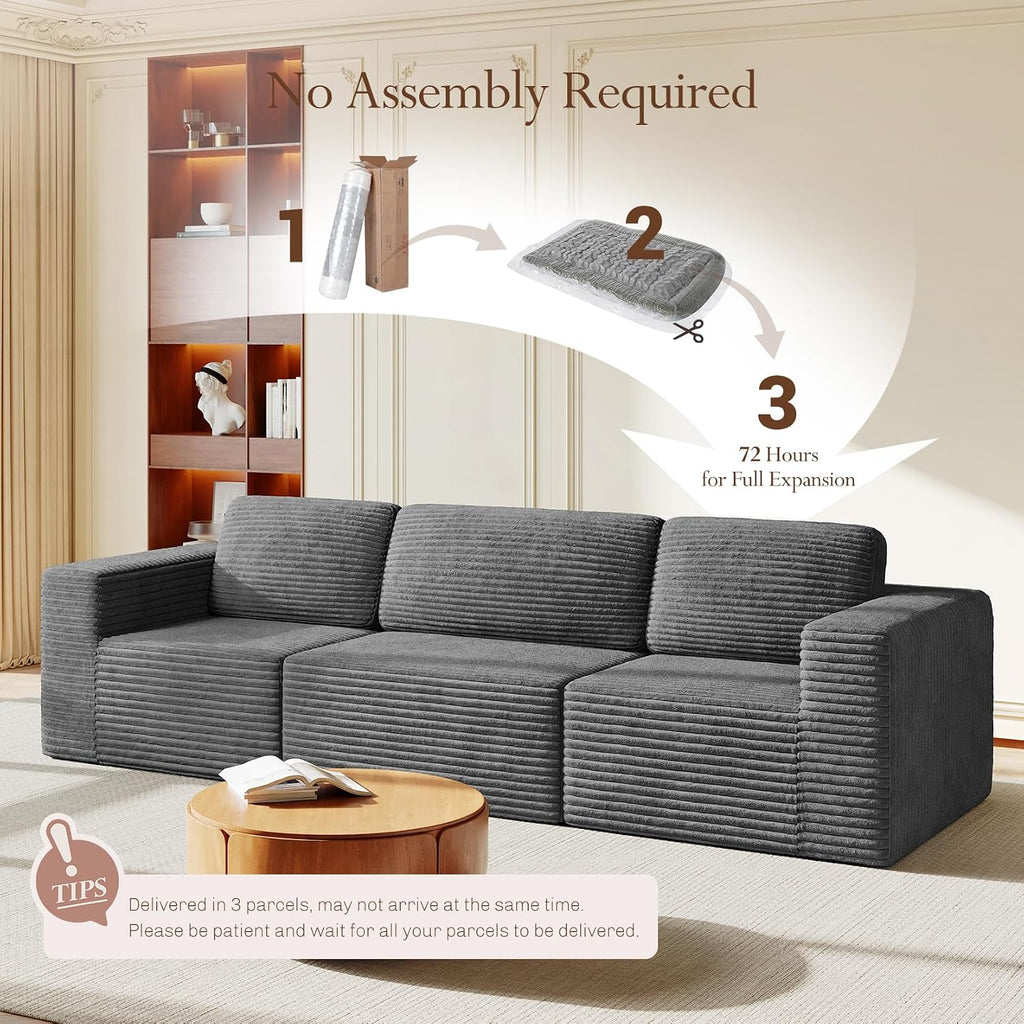 Vesgantti 119' Modular Sectional Sofa, Corduroy Cloud Couch with Deep Seating & Spring Support, 3 Seater Flexible Layout Sofa, Boneless Couch for Living Room & Apartment, No Assembly Required, Grey